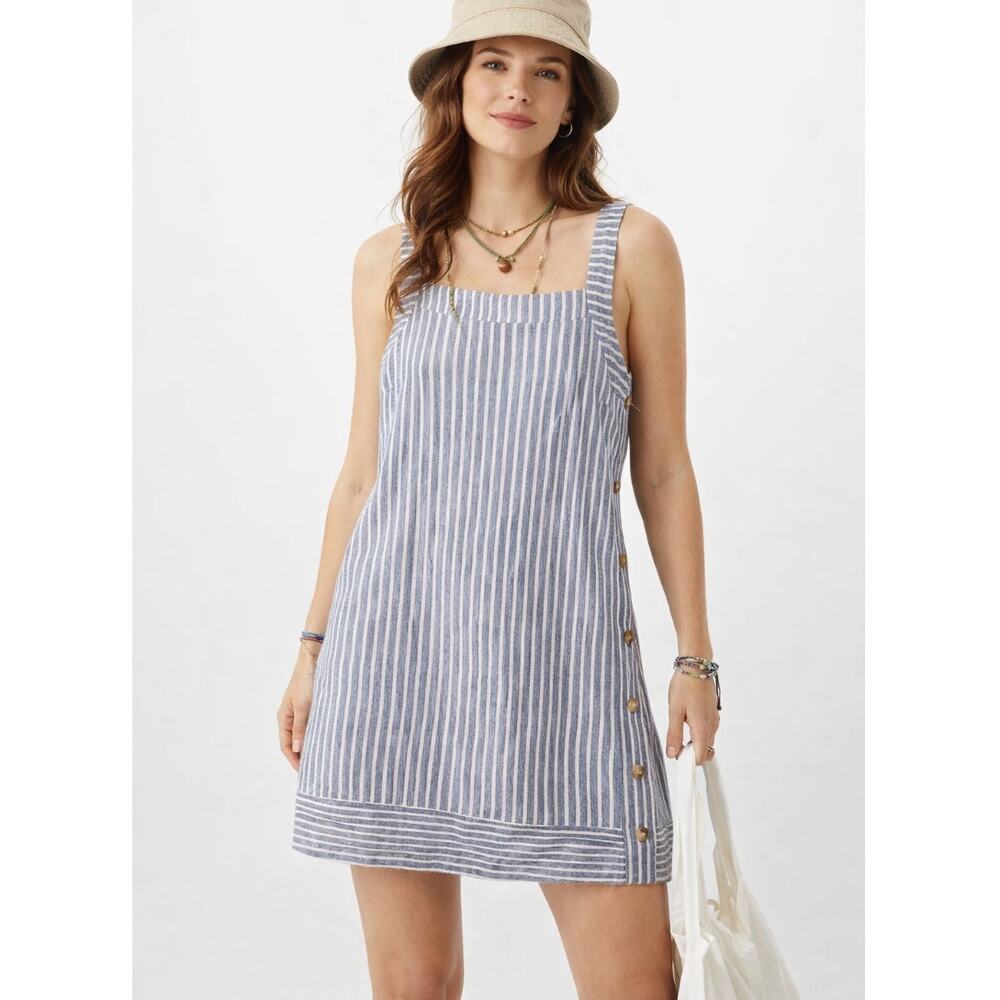 FOR CYNTHIA Linen Blend Dress Blue White Strip Side Button Size M Lagenlook Boho